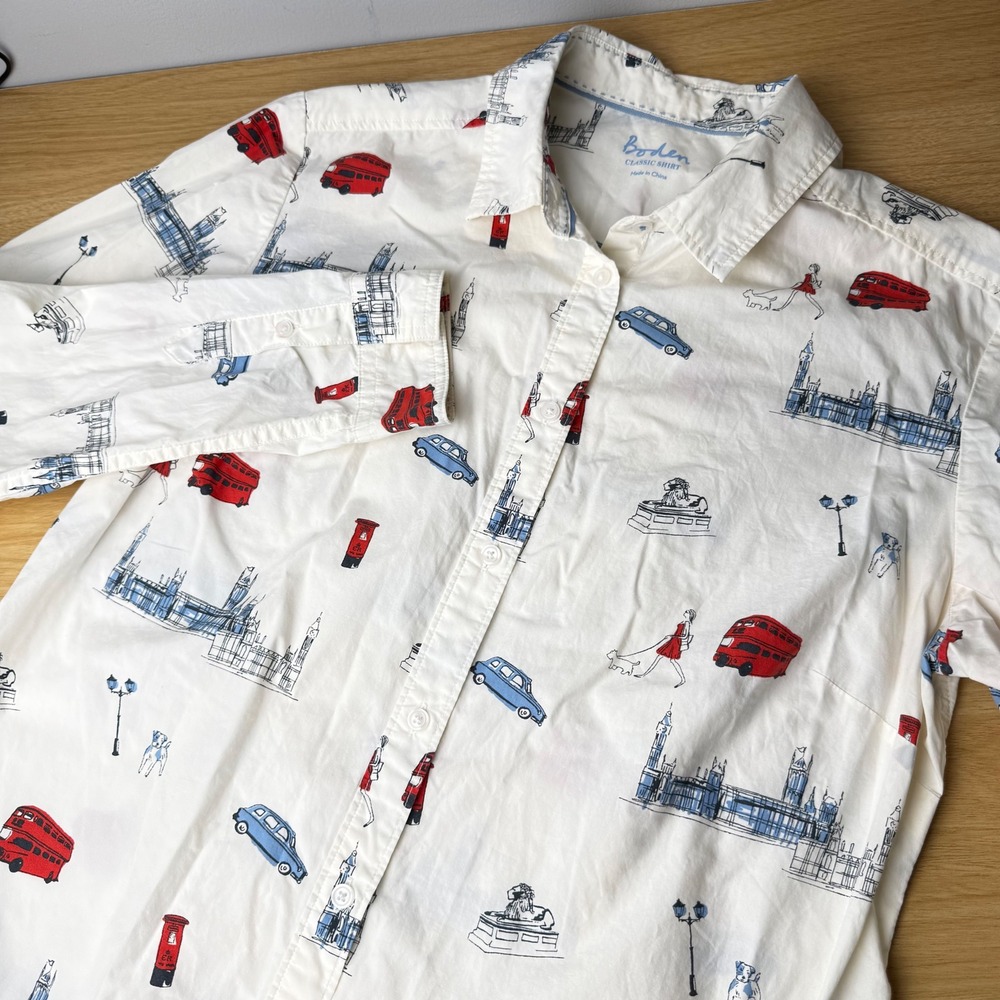 Boden White Button-Down Shirt with Red & Blue London Prints - Picture 2 of 10